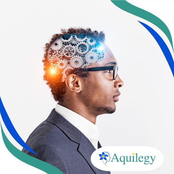 A man in a suit and glasses is shown in profile with illustrated gears and lights over his head, symbolizing thinking or brain activity. The Aquilegy logo appears in the bottom right corner.